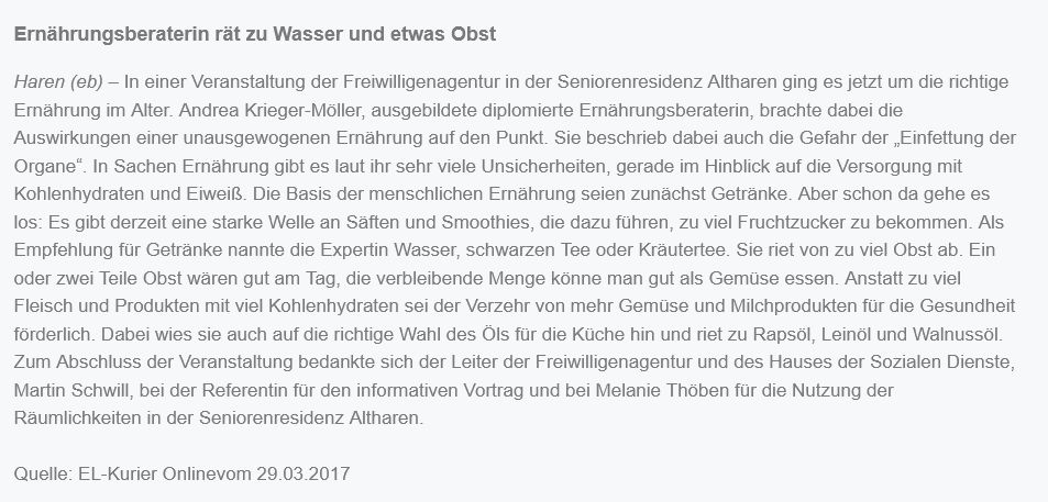 2017 Ernährungsberaterin rät zu Wasser und etwas Obst