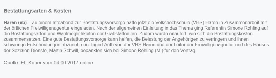 2017 bestattungsarten und deren Kosten